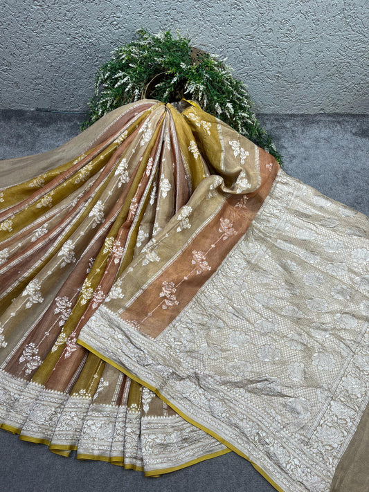 OLIVE CHAMPAGNE KHADDI GEORGETTE TISSUE RANGCART PURE HANDLOOM BANARASI SAREE