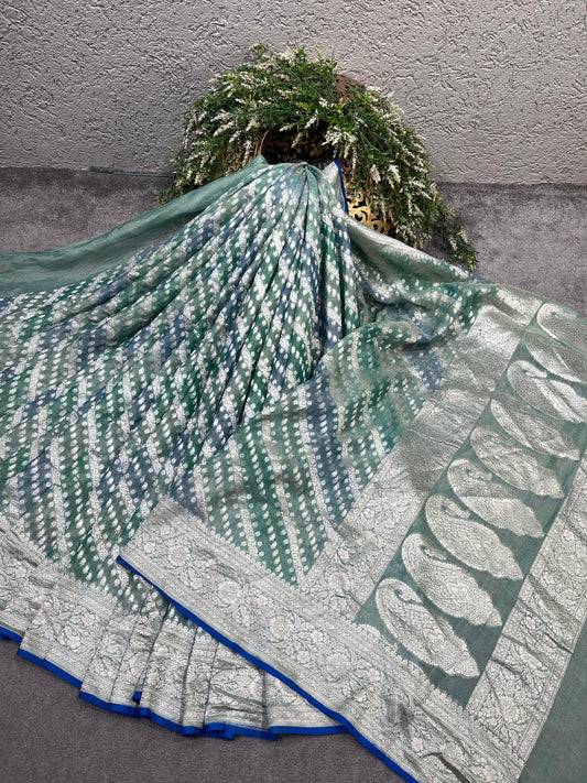 SEA GREEN AND BLUE KHADDI GEORGETTE TISSUE RANGCART PURE HANDLOOM BANARASI SAREE