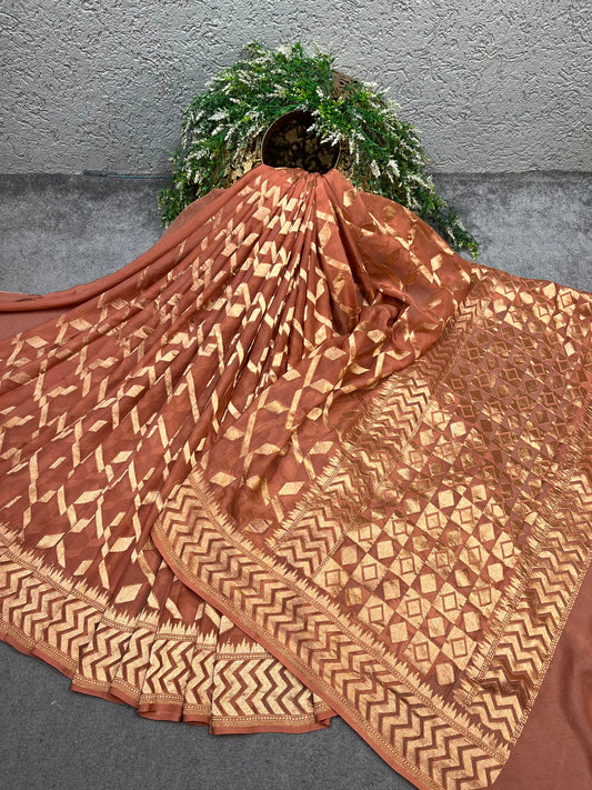 RUST BROWN KHADDI GEORGETTE PURE HANDLOOM BANARASI SAREE