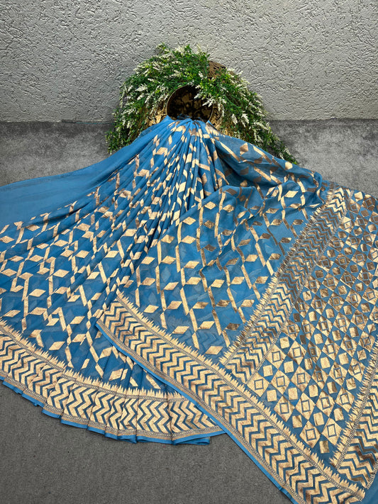 BLUE KHADDI GEORGETTE PURE HANDLOOM BANARASI SAREE