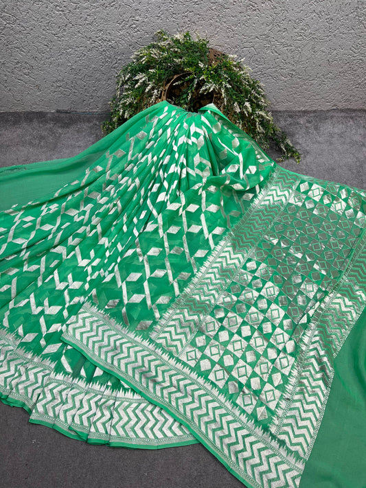 GREEN KHADDI GEORGETTE PURE HANDLOOM BANARASI SAREE