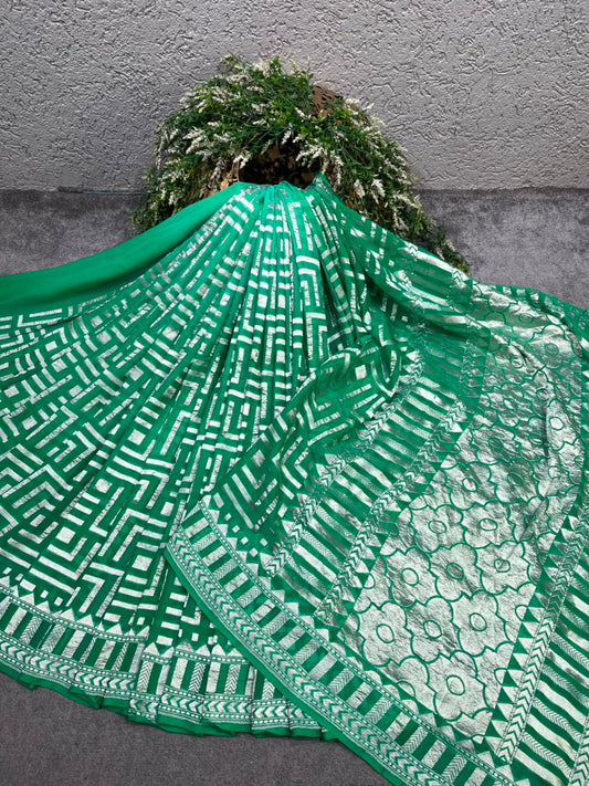 GREEN KHADDI GEORGETTE PURE HANDLOOM BANARASI SAREE