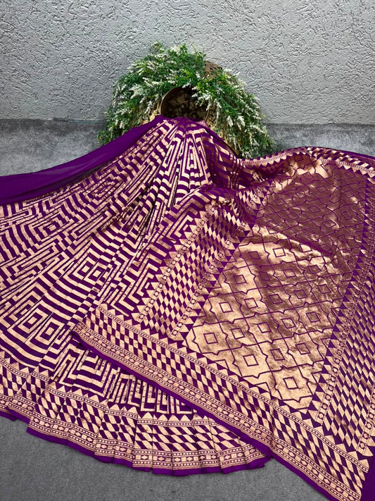 DEEP PURPLE KHADI GEORGETTE PURE HANDLOOM BANARASI SAREE