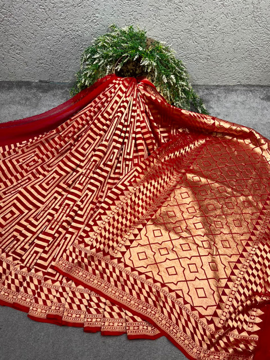 RED KHADDI GEORGETTE PURE HANDLOOM BANARASI SAREE