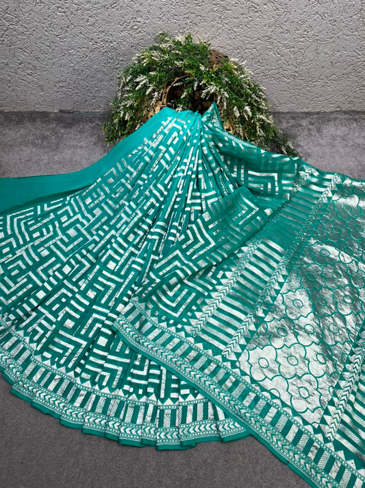 TEAL GREEN KHADDI GEORGETTE PURE HANDLOOM BANARASI SAREE