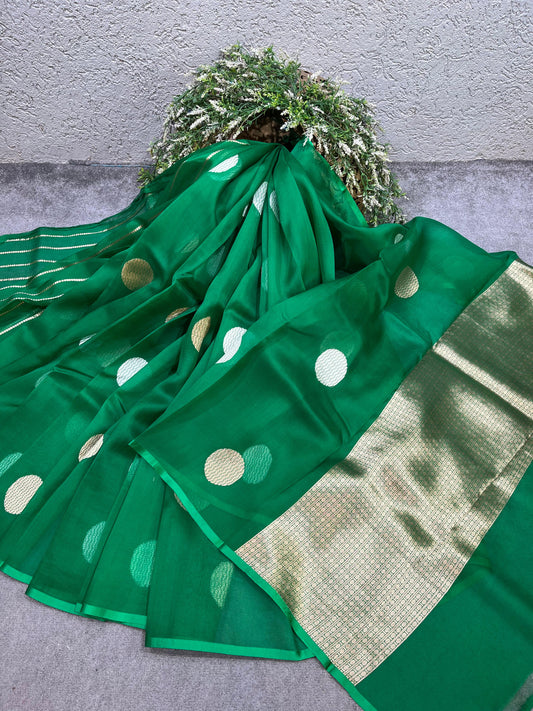 GREEN PURE HANDLOOM KORA BANARASI SAREE