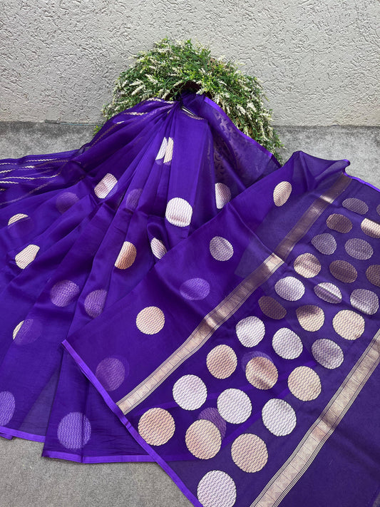 PURPLE PURE HANDLOOM KORA BANARASI SAREE