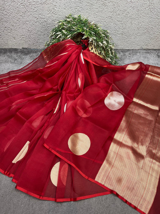 RED PURE HANDLOOM KORA BANARASI SAREE