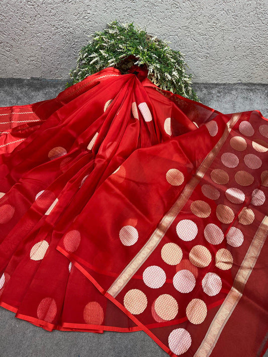RED PURE HANDLOOM KORA BANARASI SAREE