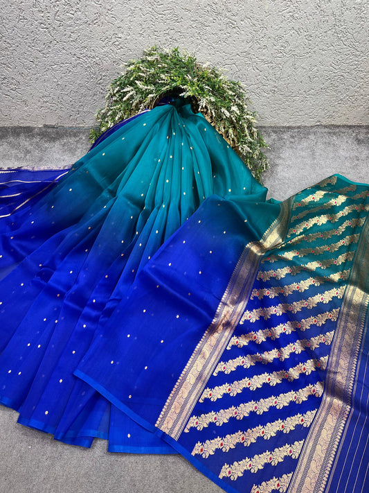 BLUE AND TEAL BLUE PURE HANDLOOM KORA BANARASI SAREE