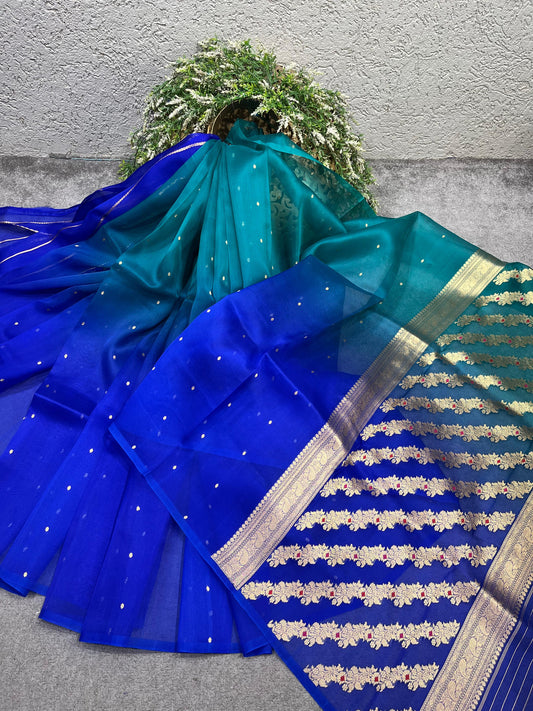 TEAL BLUE AND ROYAL BLUE PURE HANDLOOM KORA BANARASI SAREE