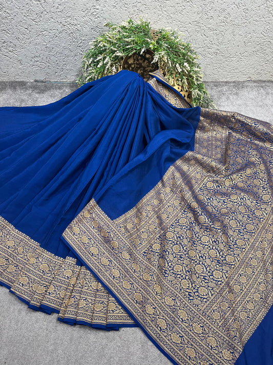 ROYAL BLUE KHADDI CHIFFON PURE HANDLOOM BANARASI SAREE