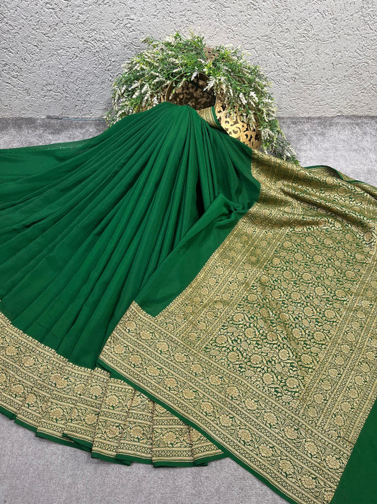 GREEN KHADDI CHIFFON PURE HANDLOOM BANARASI SAREE