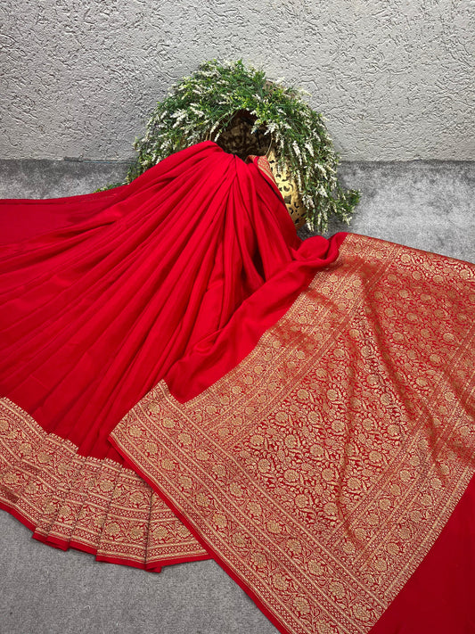 RED KHADDI CHIFFON PURE HANDLOOM BANARASI SAREE