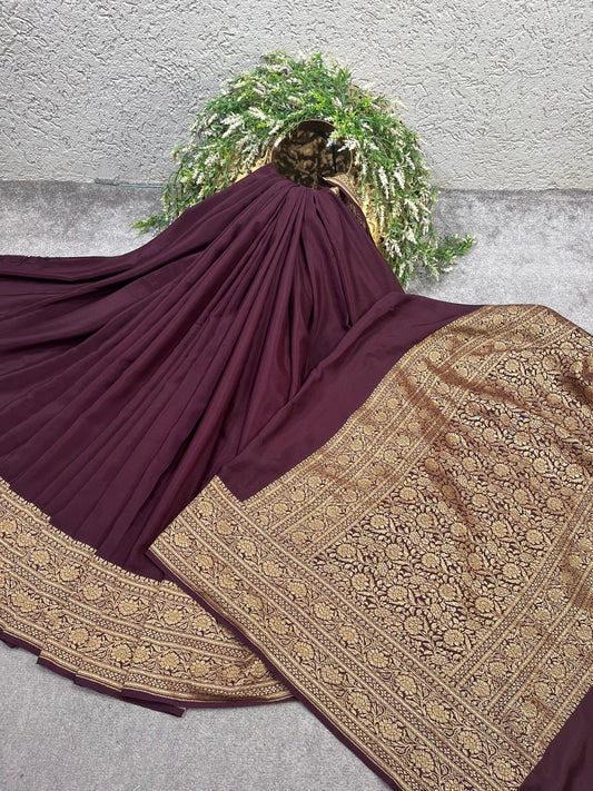 WINE KHADDI CHIFFON PURE HANDLOOM BANARASI SAREE