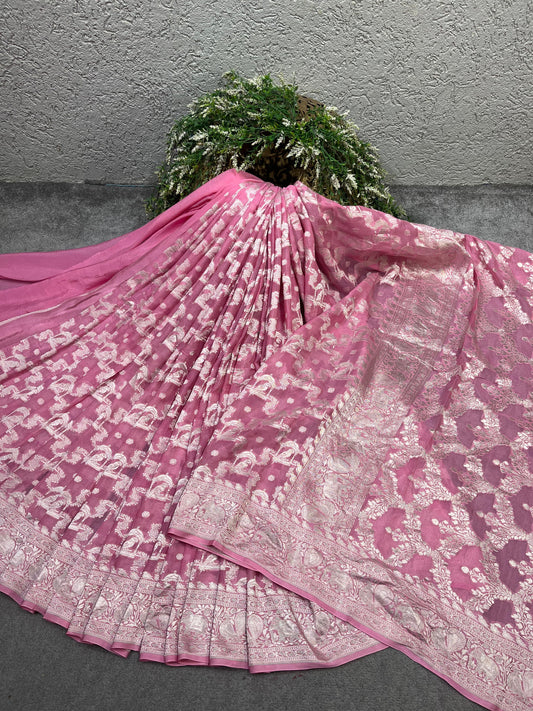 ROSE PINK KHADDI GEORGETTE PURE HANDLOOM BANARASI SAREE