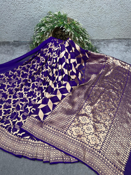 ROYAL PURPLE KHADDI GEORGETTE PURE HANDLOOM BANARASI SAREE