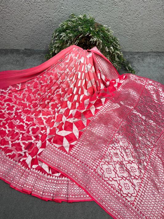 CORAL PINK KHADDI GEORGETTE PURE HANDLOOM BANARASI SAREE