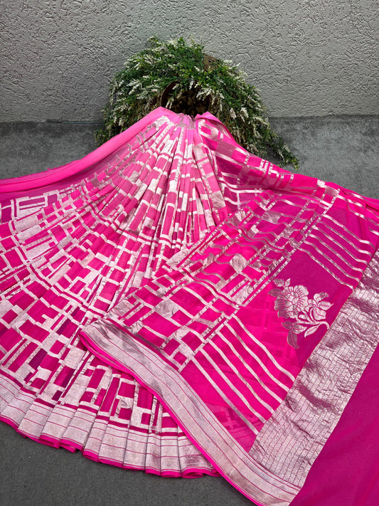 PINK KHADDI GEORGETTE PURE HANDLOOM BANARASI SAREE
