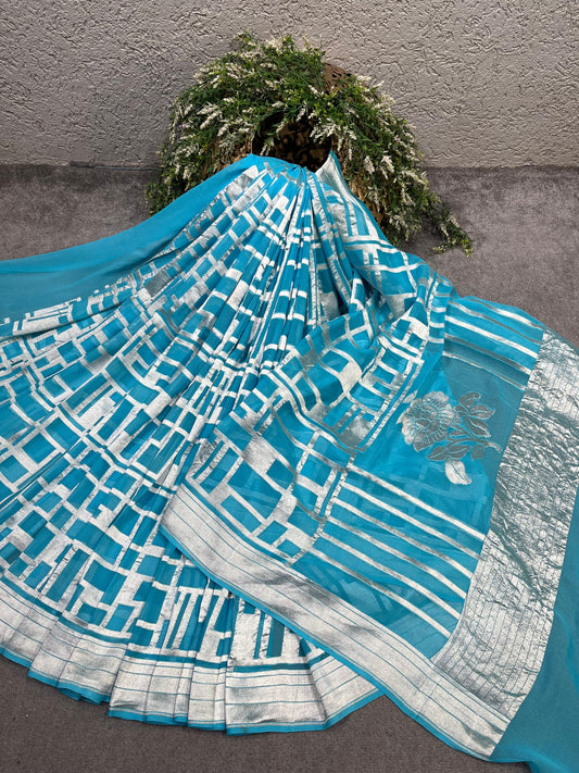 TURQUOISE BLUE KHADDI GEORGTTTE PURE HANDLOOM BANARASI SAREE