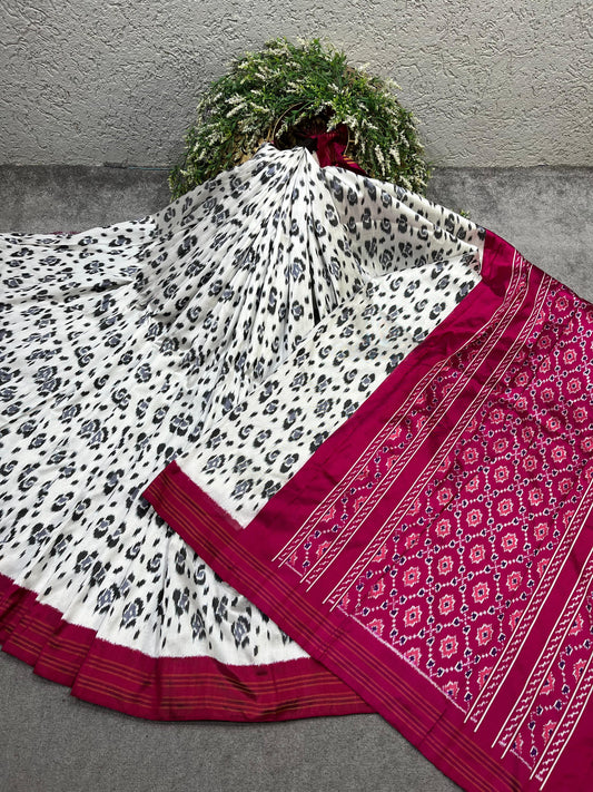 WHITE TWILL SILK PURE HANDLOOM IKKAT SAREE