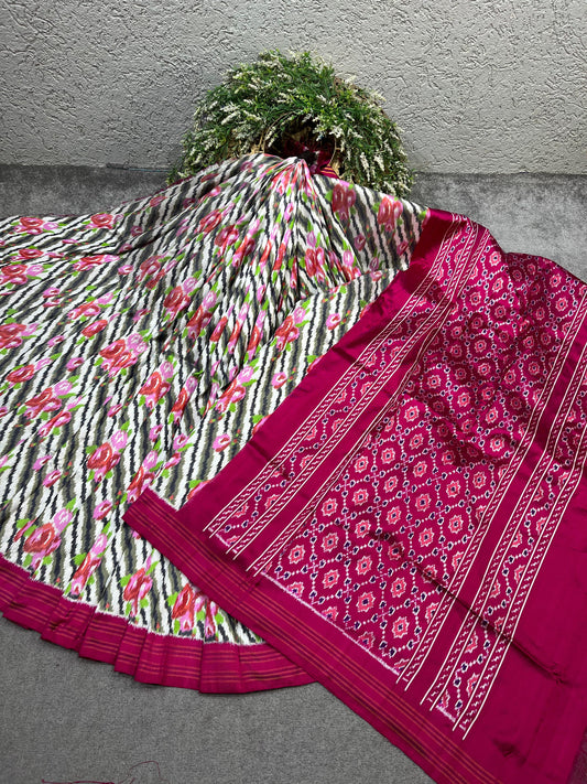 WHITE TWILL SILK PURE HANDLOOM IKKAT SAREE