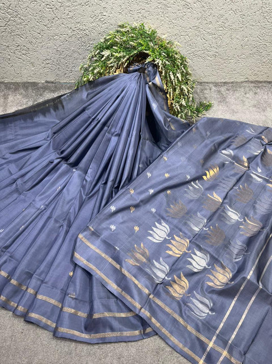 SLATE BLUE SILK PURE HANDLOOM UPADDA JAMDANI SAREE