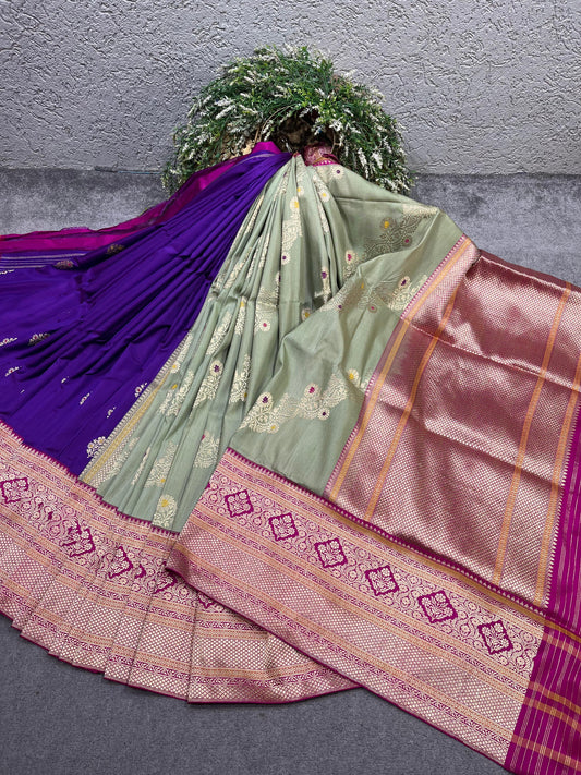 PISTA GREEN AND PURPLE TASSAR SILK PURE HANDLOOM BANARASI SAREE