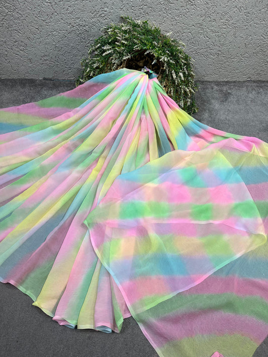 PASTEL CHIFFON  TIE AND DYE PURE HANDLOOM LEHERIYA SAREE
