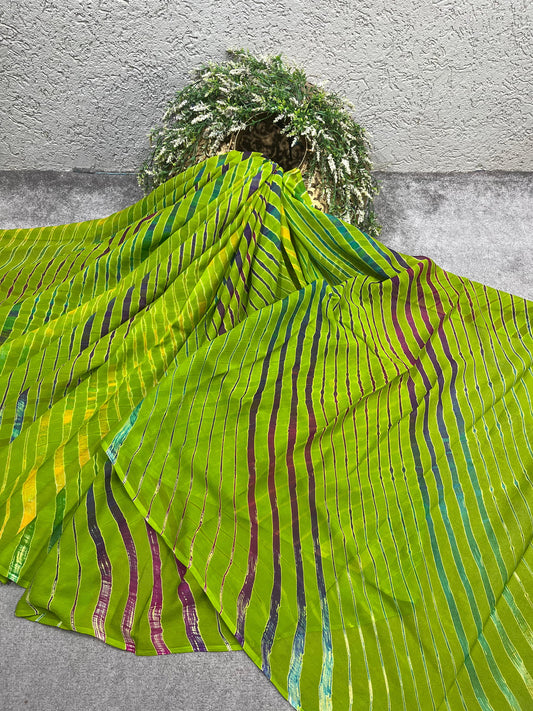LIME GREEN CHIFFON TIE AND DYE PURE HANDLOOM LEHERIYA SAREE