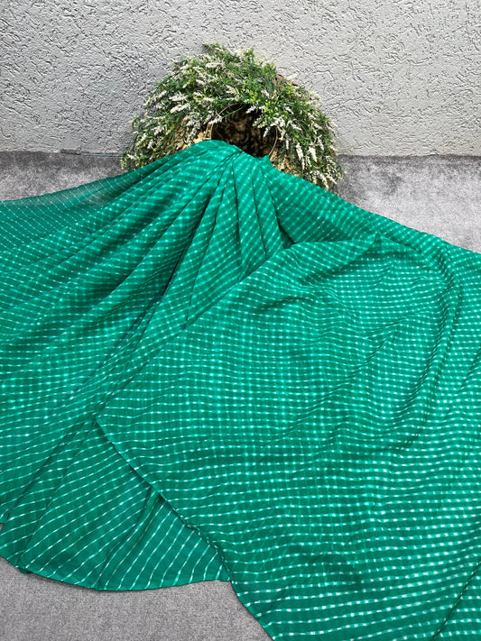 TEAL GREEN TIE AND DYE PURE HANDLOOM LEHERIYA SAREE
