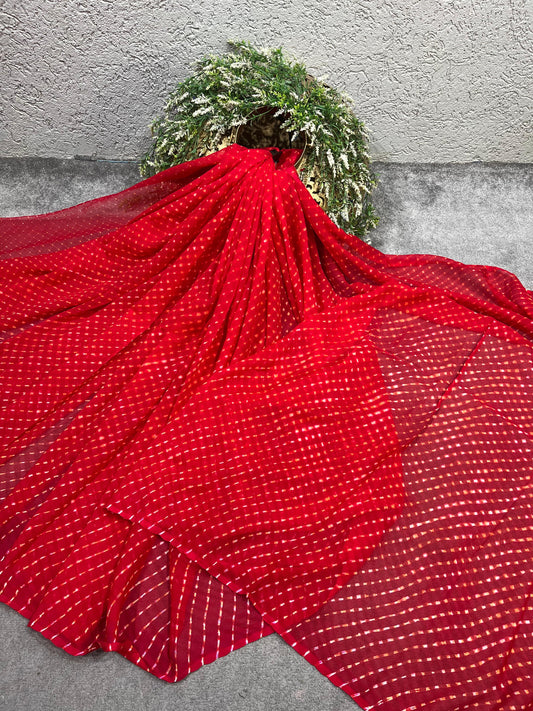 RED CHIFFON TIE AND DYE PURE HANDLOOM LEHERIYA SAREE