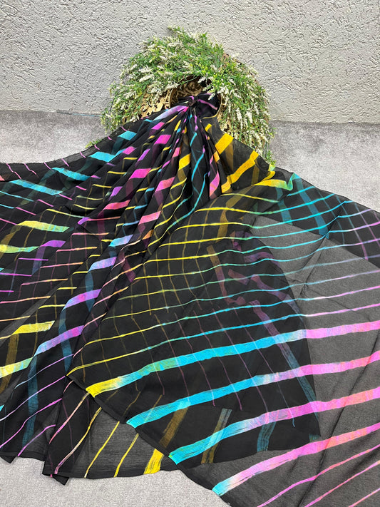 BLACK CHIFFON TIE AND DYE PURE HANDLOOM LEHERIYA SAREE