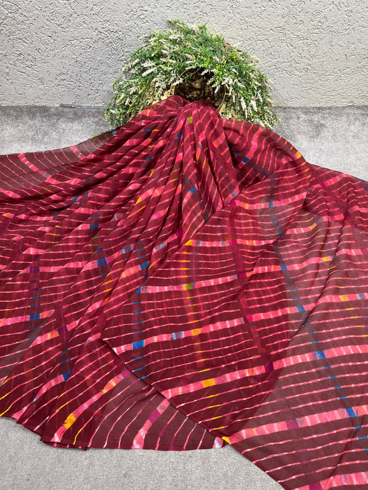 WINE CHIFFON TIE AND DYE PURE HANDLOOM LEHERIYA SAREE