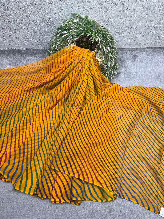 MUSTARD YELLOW CHIFFON TIE AND DYE PURE HANDLOOM LEHERIYA SAREE