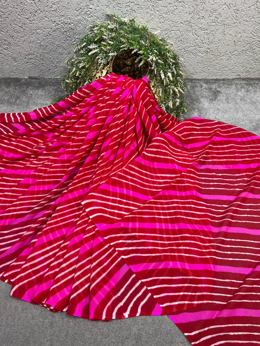 MAGENTA AND WINE CHIFFON TIE AND DYE PURE HANDLOOM LEHERIYA SAREE