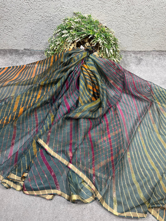 SLATE GREEN TIE AND DIE PURE HANDLOOM LEHERIYA SAREE