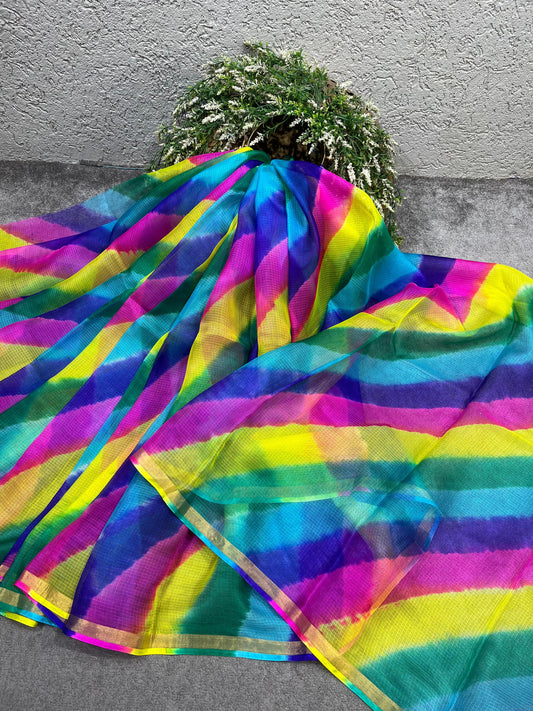 MULTICOLOUR KOTA TIE AND DIE PURE HANDLOOM LEHERIYA SAREE