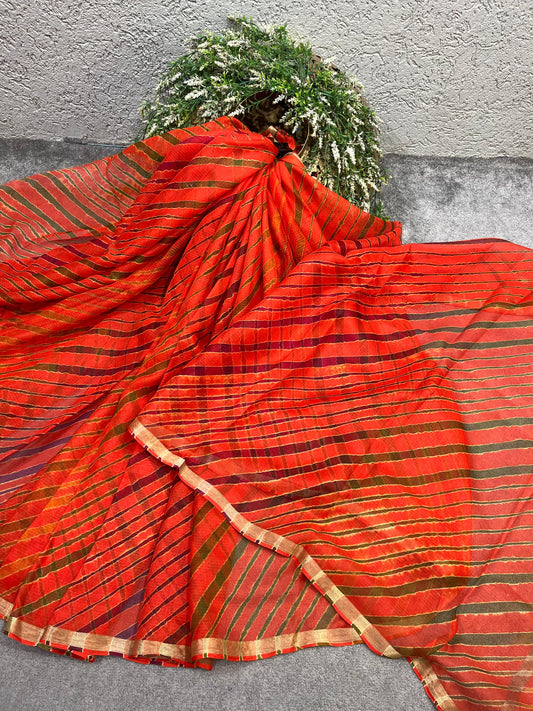 ORANGE RED KOTA TIE AND DIE PURE HANDLOOM LEHERIYA SAREE