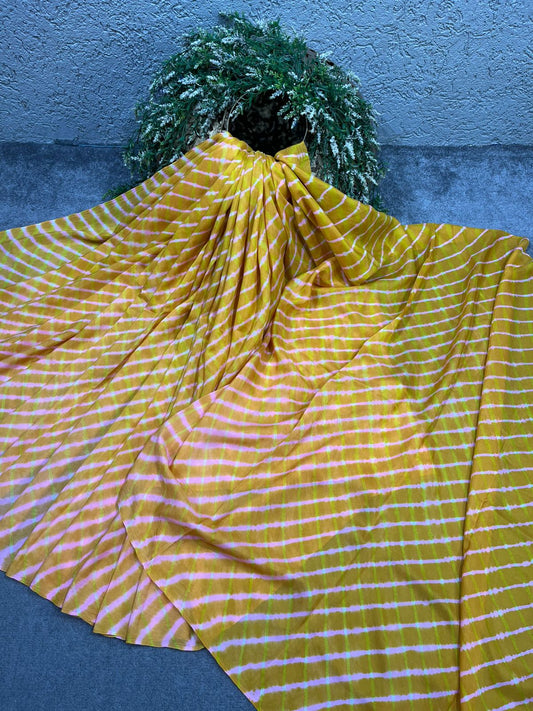 MUSTARD YELLOW MULBERRY SILK TIE AND DIE PURE HANDLOOM LEHERIYA SAREE
