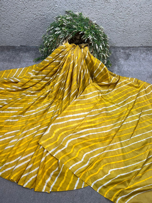 MUSTARD YELLOW MULBERRY SILK TIE AND DIE PURE HANDLOOM LEHERIYA SAREE