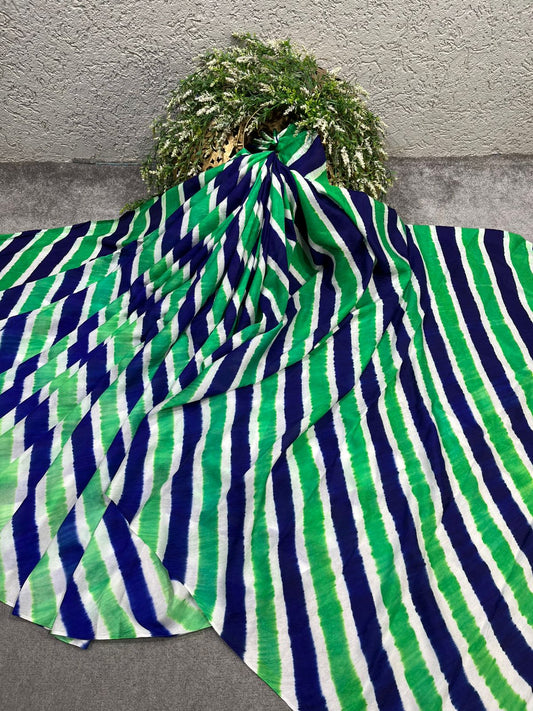 NAVY BLUE AND GREEN MULBERRY SILK TIE AND DIE PURE HANDLOOM LEHERIYA SAREE