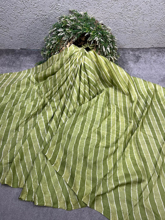OLIVE GREEN MULBERRY SILK TIE AND DIE PURE HANDLOOM LEHERIYA SAREE