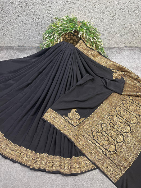 BLACK KHADDI CHIFFON PURE HANDLOOM BANARASI SAREE