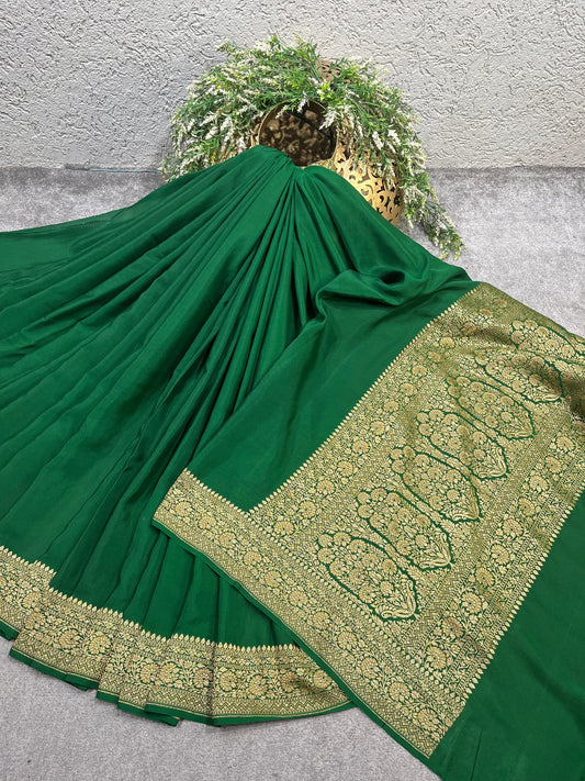 GREEN KHADDI CHIFFON PURE HANDLOOM BANARASI SAREE
