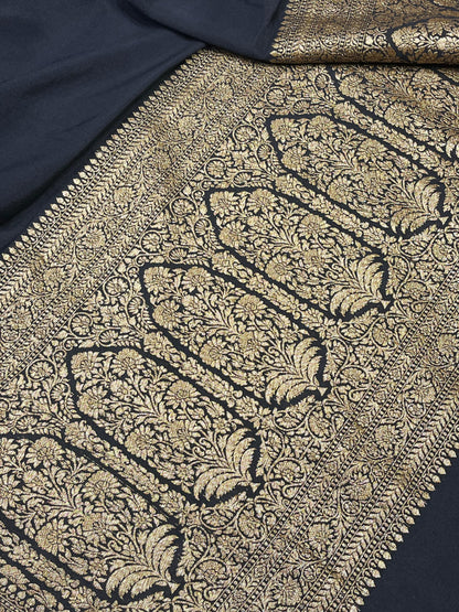 BLACK KHADDI CHIFFON PURE HANDLOOM BANARASI SAREE