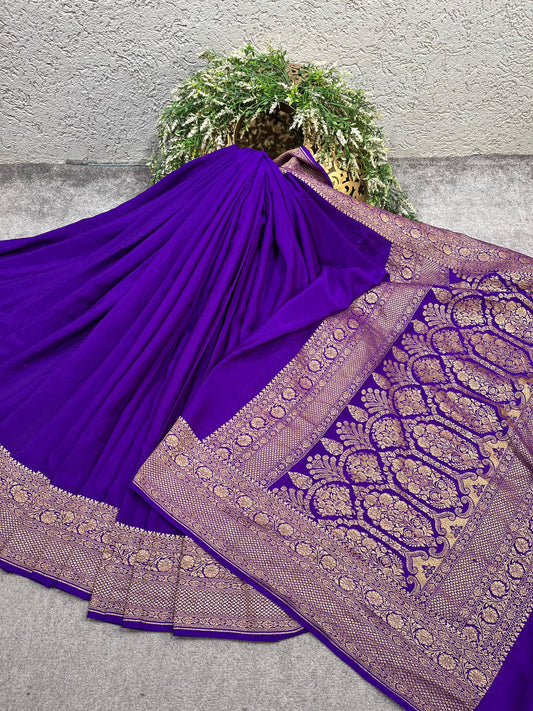 ROYAL PURPLE KHADDI CHIFFON PURE HANDLOOM BANARASI SAREE