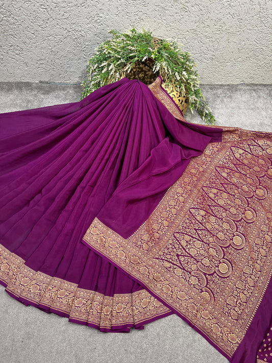 DEEP WINE KHADDI CHIFFON PURE HANDLOOM BANARASI SAREE