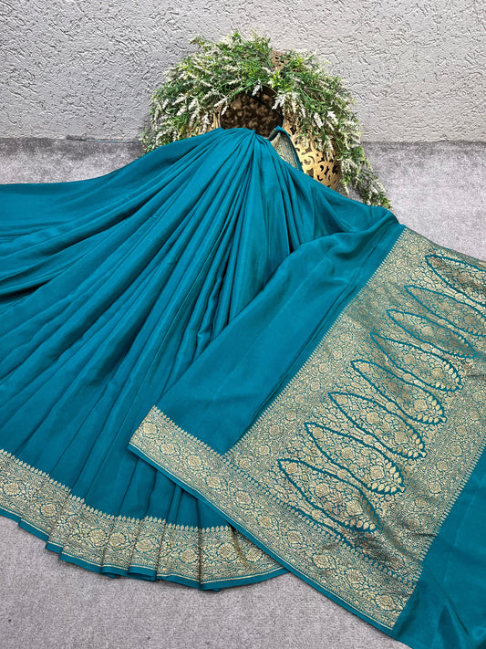 TEAL BLUE KHADDI CHIFFON PURE HANDLOOM BANARASI SAREE