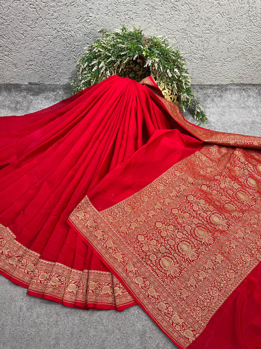 RED KAHDDI CHIFFON PURE HANDLOOM BANARASI SAREE
